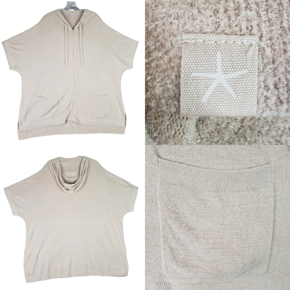 Barefoot Dreams CozyChic Ultra Lite Short Sleeve Zip Up Hoodie Beige Size 2X